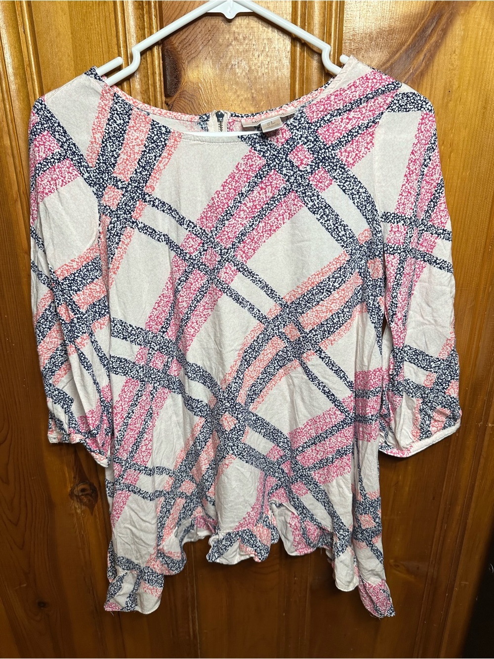 Motherhood Pink and Navy Plaid Rounded Neck Tunic